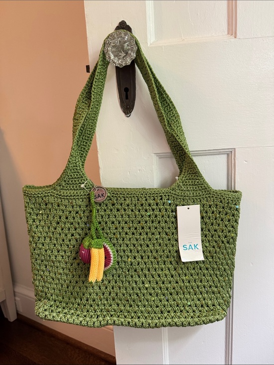 The Sak Handbags - NEW The Sak Olive Green Crochet Tote with Multicolor Tassel